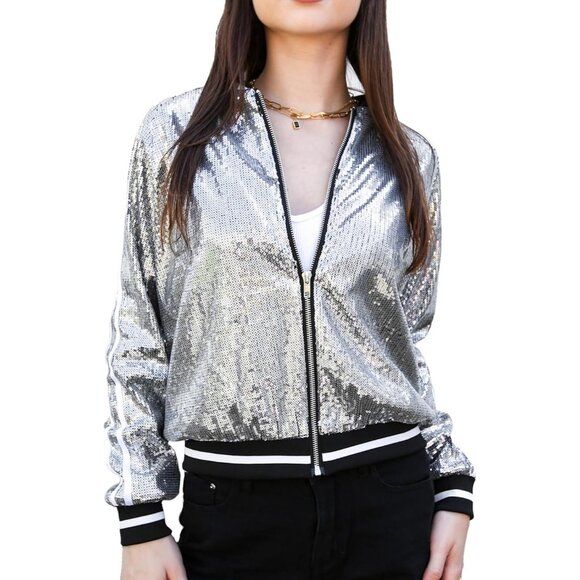Brand New Women Gray Polyester ANNA-KACI Sequin Bomber Jacket Long Sleeve - Picture 1 of 7